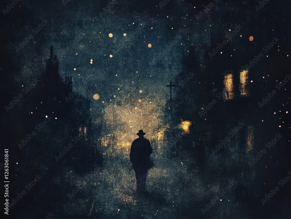 Fototapeta premium Noir Nightscape Silhouette of Man Walking Through Foggy City Street at Night.