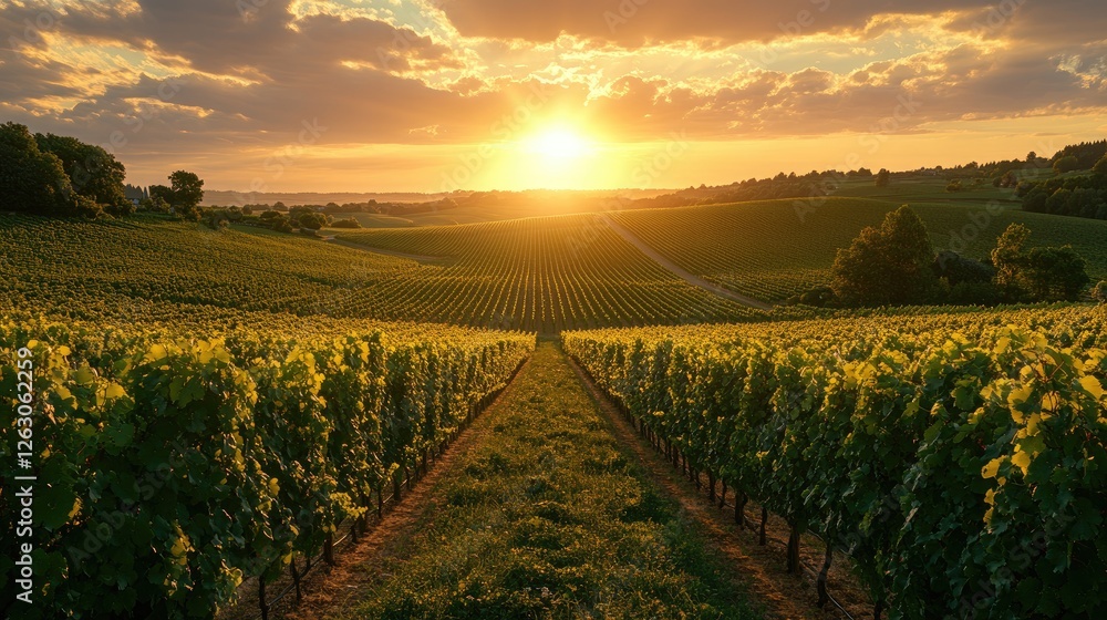 Naklejka premium Vineyard Sunset Golden Hour Rolling Hills Landscape