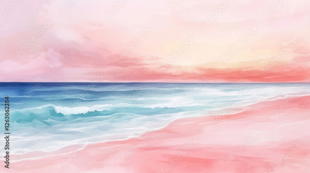 Obraz premium Watercolor Beach With Dreamy Pink Sky. Serene, Soft, And Summery.