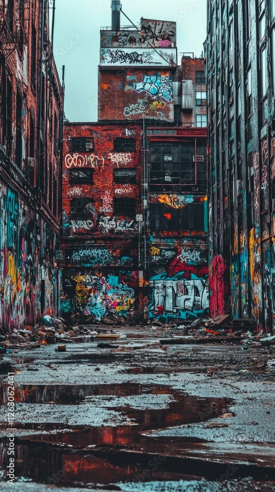 Fototapeta premium Urban Alleyway with Vibrant Graffiti and Reflections in Puddles