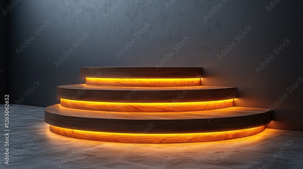 Obraz premium Illuminated Wooden Circular Steps Against Dark Wall