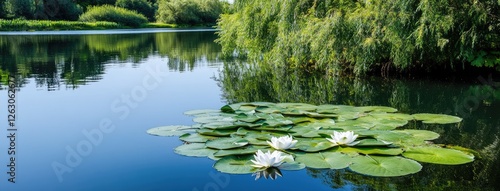 Pink flowers float gracefully atop a tranquil pond, reflecting the beauty of the summer garden in perfect natural light photo