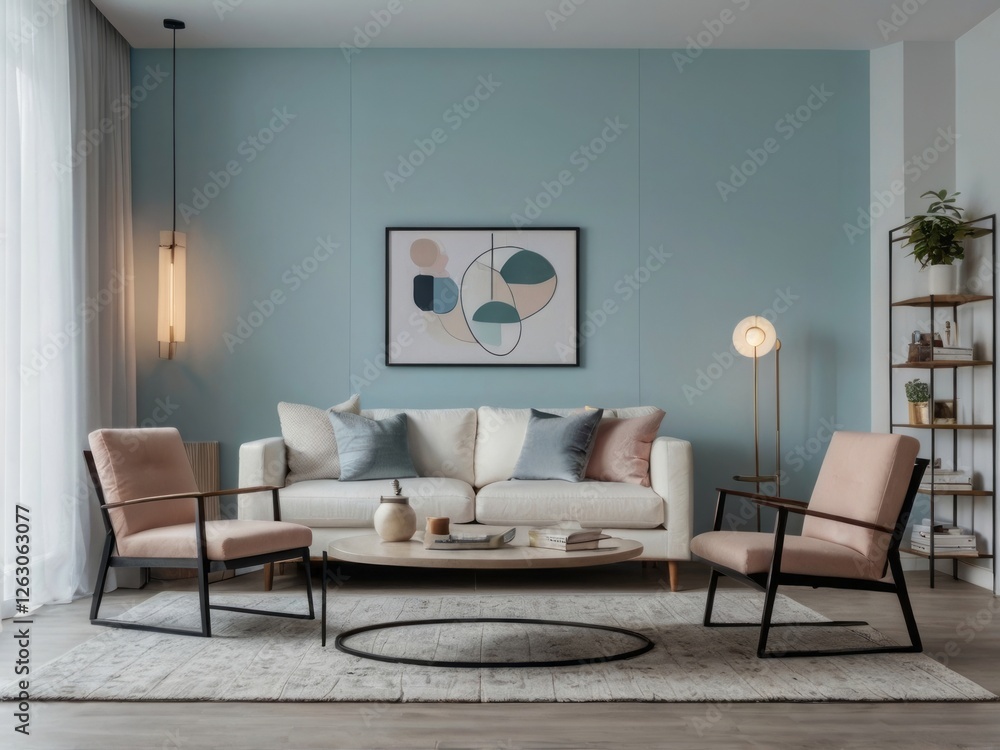 Fototapeta premium Modern Living Room Interior Design Featuring Pale Blue Walls