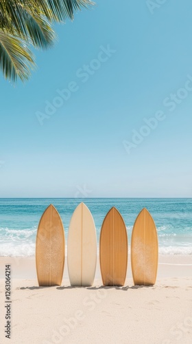 A serene beach scene featuring four surfboards lined up in the sand, with gentle ocean waves and a clear blue sky, perfect for summer sports and leisure activities by the shore.