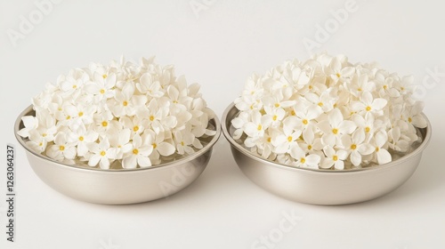 Two bowls filled with delicate white flowers, creating a serene and elegant display, perfect for decoration or natural arrangements.