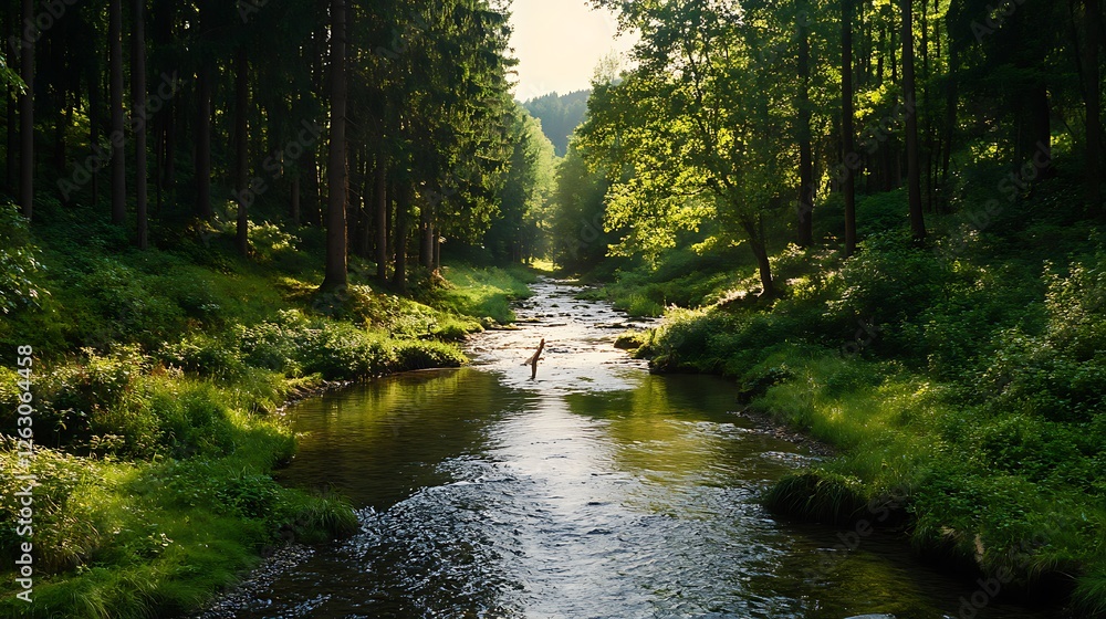 Obraz premium Sunlit Stream Winding Through a Lush Summer Forest AI Generated