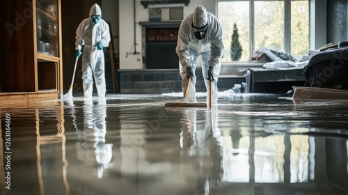 Wallpaper Mural Flood Damage Cleanup Crew.  Professionals In Hazmat Suits Cleaning Flooded Room, Mop In Hand. Disaster Recovery And Water Damage Restoration Concept. Torontodigital.ca