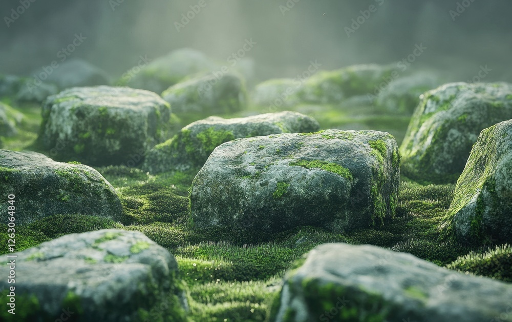 Moss Covered Stones in Soft Sunlight A Serene Natural Landscape Moss Covered Stones in Soft Sunlight A Serene Natural Landscape