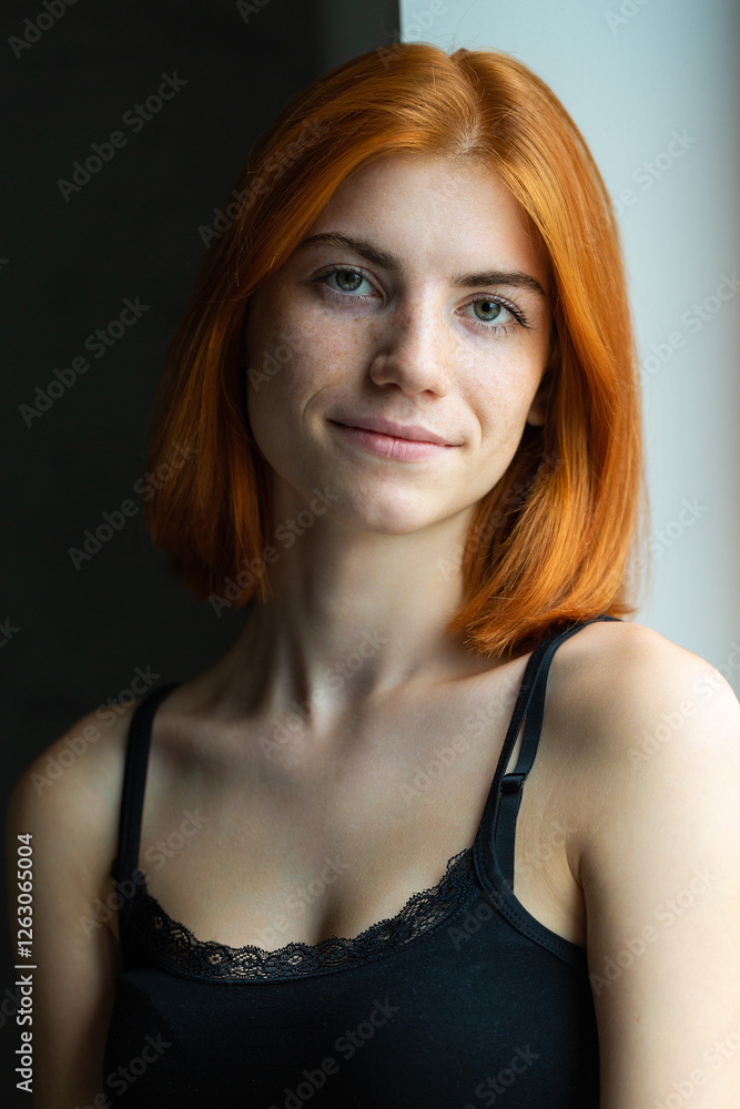 Naklejka premium Cute red-haired girl, studio portrait on a black background.