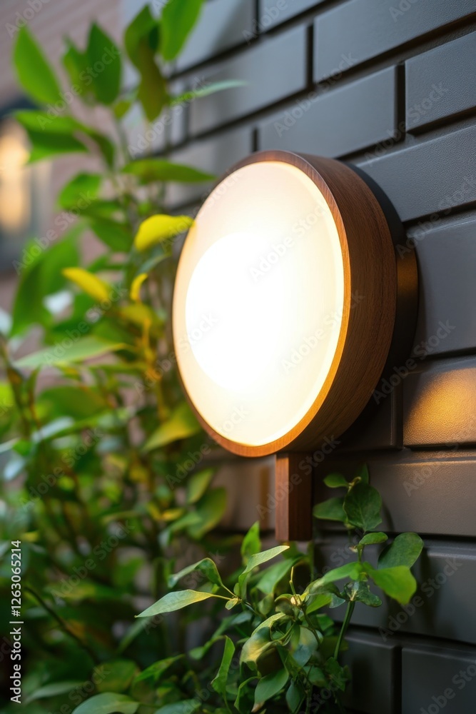 Illuminated Outdoor Wall Lamp with Wooden Frame and Green Foliage Illuminated Outdoor Wall Lamp with Wooden Frame and Green Foliage