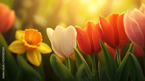 A vibrant display of blooming tulips and daffodils in a sunny garden. The colorful petals shine, creating a picturesque spring scene that evokes feelings of joy and renewal.