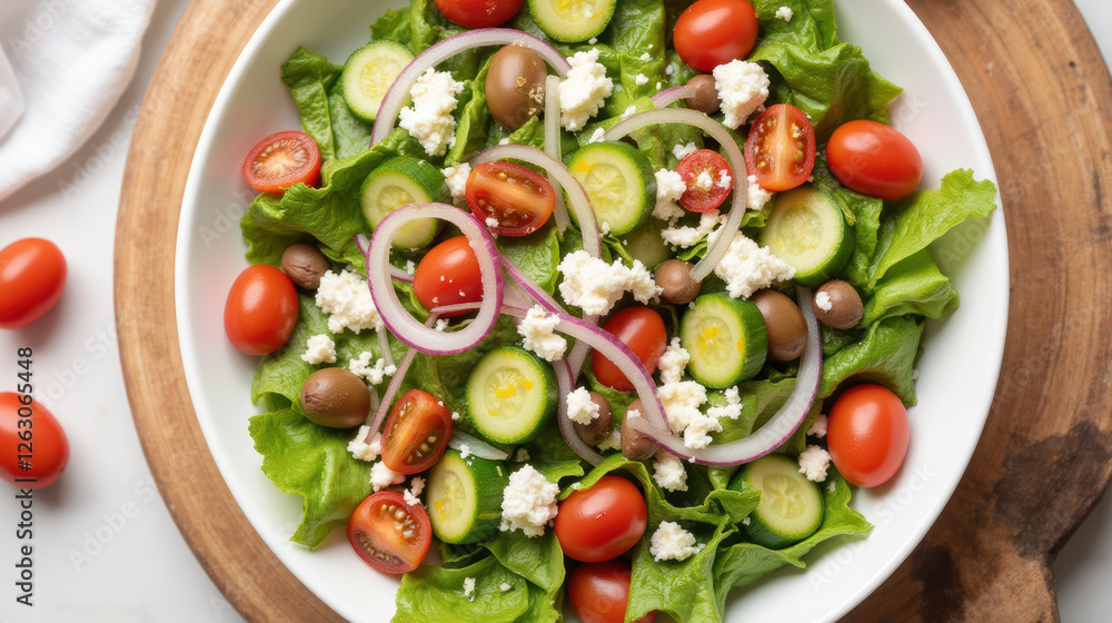 Fresh salad with lettuce, tomatoes, cucumbers, olives, and feta cheese Fresh salad with lettuce, tomatoes, cucumbers, olives, and feta cheese