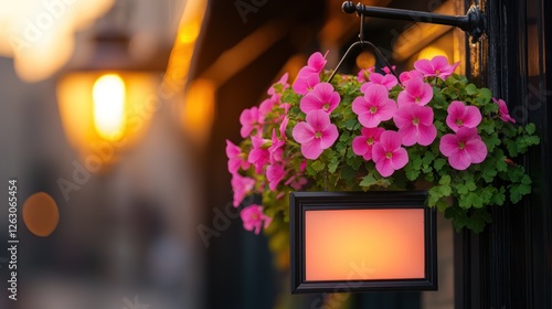 A vibrant hanging flower pot filled with pink blossoms, illuminated by a warm glow of nearby lights, creating a charming and inviting atmosphere in the evening.