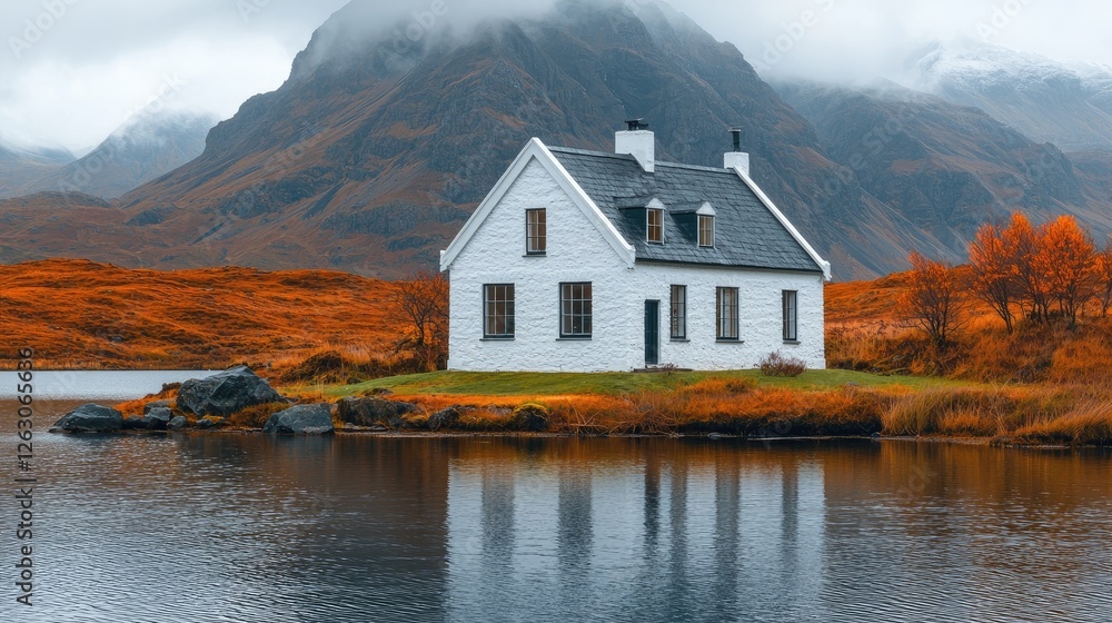 Fototapeta premium White House Lakeside Autumnal Mountain Scenery
