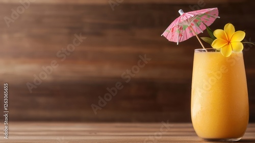 A vibrant tropical drink garnished with a colorful umbrella and a bright flower, set against a rustic wooden background. Perfect for summer vibes or cocktail party themes. photo