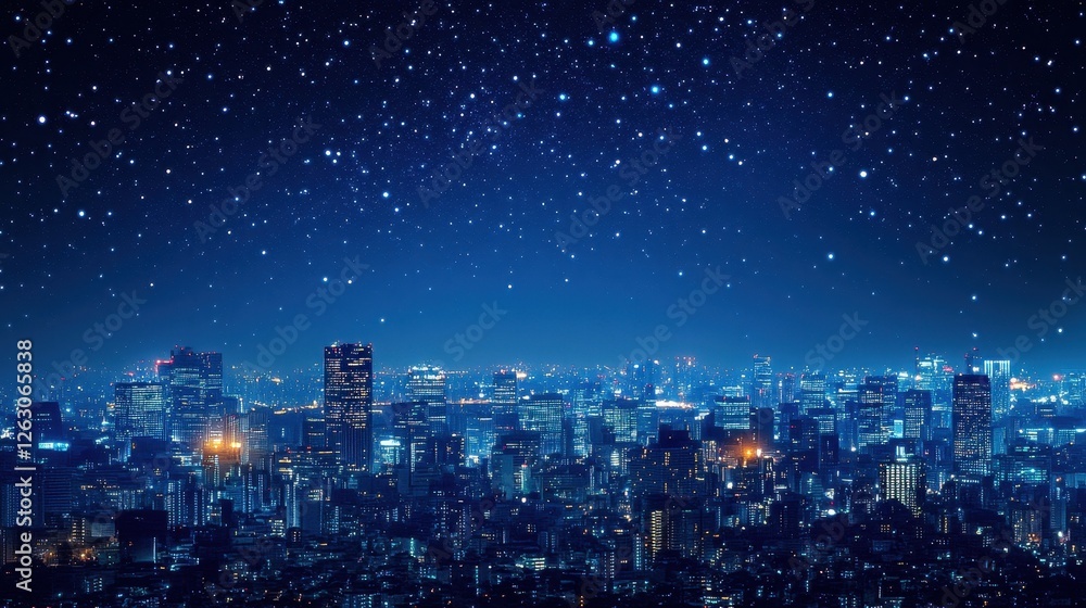 Fototapeta premium Majestic Nightscape Sparkling Starry Sky Over a Glowing Urban Cityscape at Twilight.
