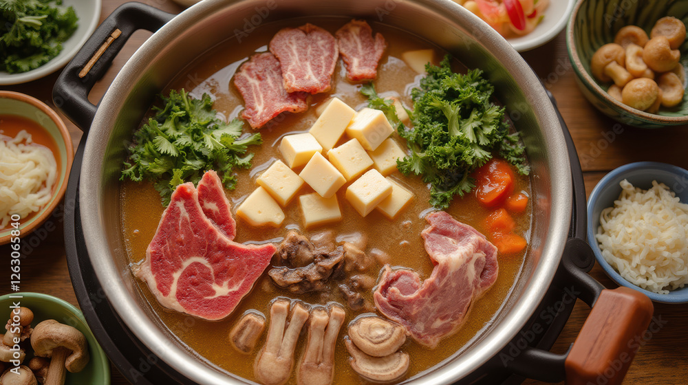 Delicious hot pot with meat, tofu, and fresh vegetables in pot Delicious hot pot with meat, tofu, and fresh vegetables in pot