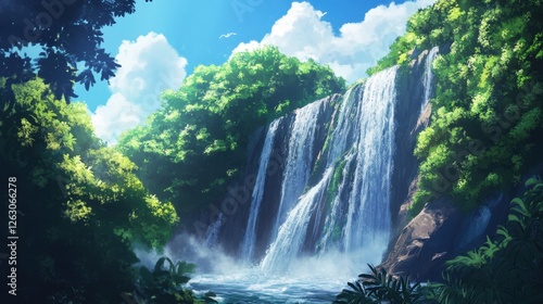Breathtaking Anime Style Waterfall Scene Lush Jungle Landscape with Cascading Waterfalls and Blue Sky Illustration.