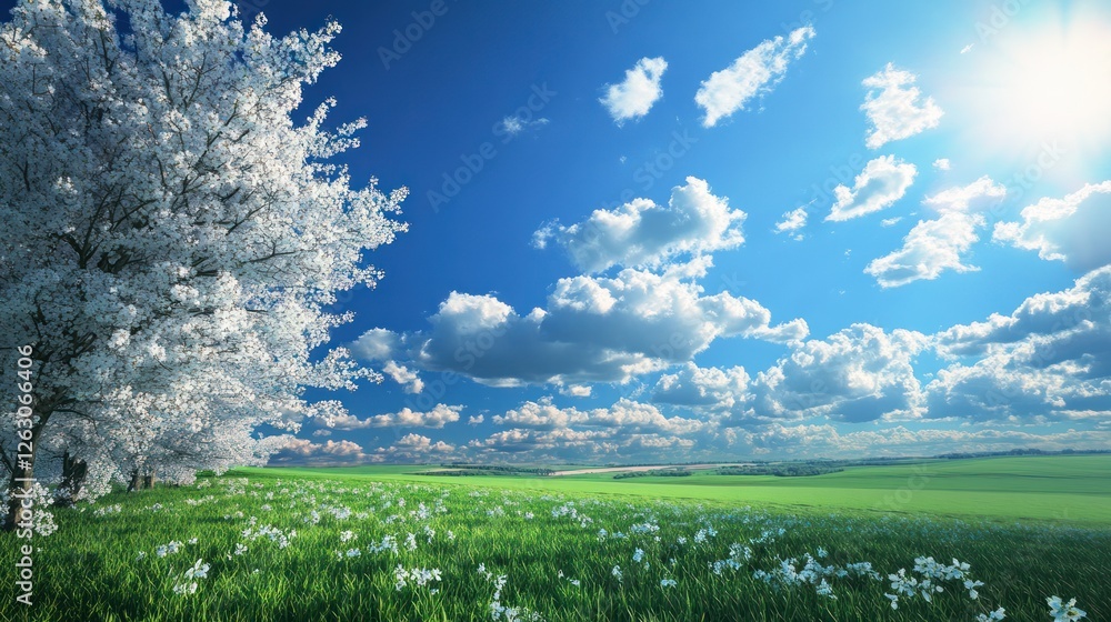 Fototapeta premium Spring blossoms, sunny field, blue sky, nature background, idyllic scene