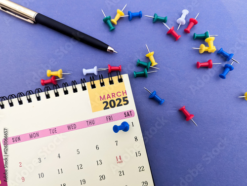 first march 2025 marked on calendar with push pin, March 2025 Calendar Office Planning, Scheduling, Reminder, and Time Management Concept Stock Photo photo