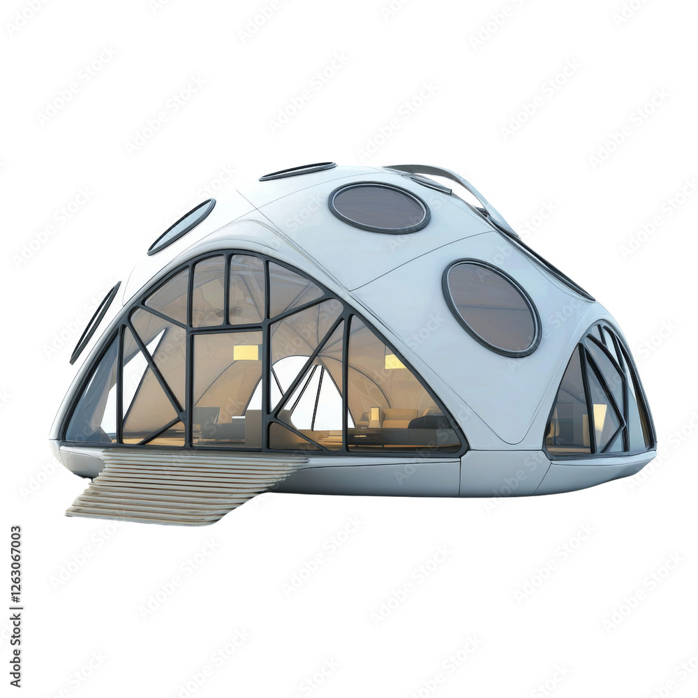 Obraz premium Modern futuristic house design with unique dome shape and large windows, showcasing innovative architecture and spacious interior