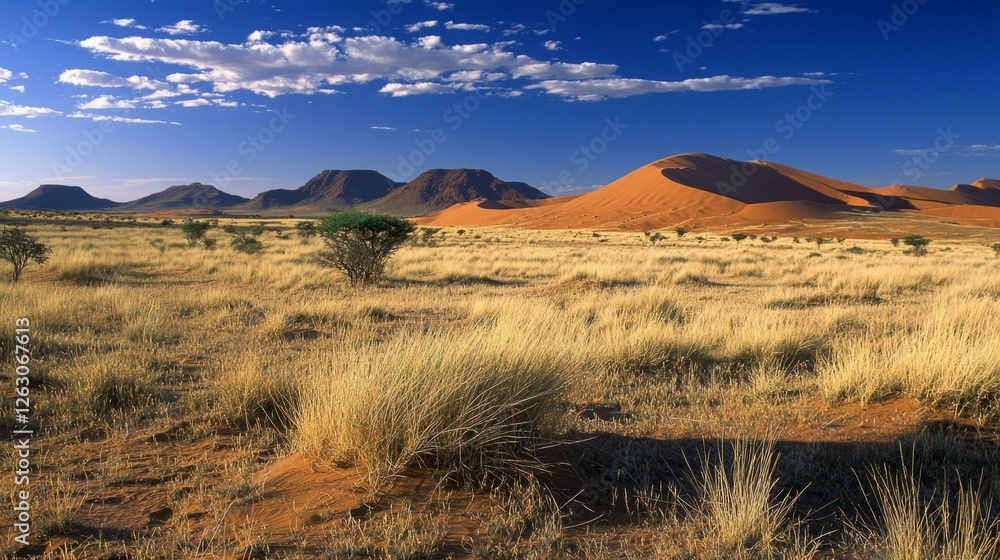 Naklejka premium Stunning Desert Landscape with Dunes and Distant Mountains at Sunrise