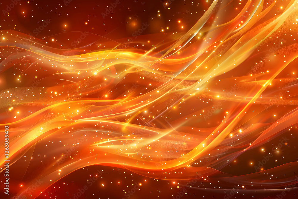 Fototapeta premium Abstract flowing waves of orange and gold with sparkling particles on a dark background