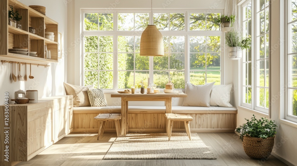 Fototapeta premium Bright and Cozy Interior Dining Space with Natural Light and Plants