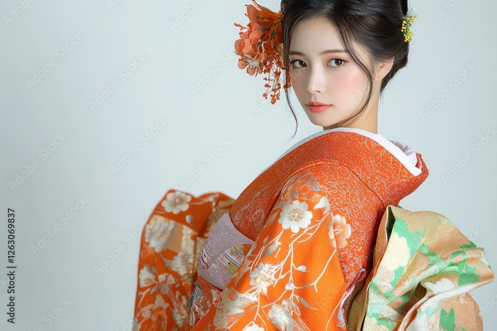 Portrait of Woman in Traditional Japanese Kimono for Coming of Age Ceremony Portrait of Woman in Traditional Japanese Kimono for Coming of Age Ceremony