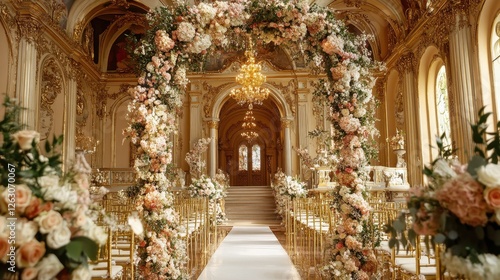 Wallpaper Mural Opulent Wedding Venue Golden Ballroom with Floral Arch and Aisle Torontodigital.ca