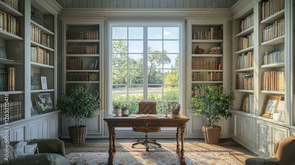 Fototapeta premium Cozy and Bright Home Office with Bookshelves and Natural Light