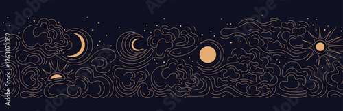 Sun, moon, wind and line clouds. Seamless pattern