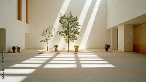 Serene indoor space with lush greenery minimalist design bright natural light modern architecture