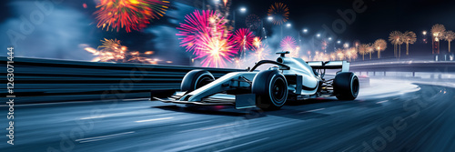 Formula 1 Grand Prix racing car at night with fireworks and motion blur, horizontal close-up image