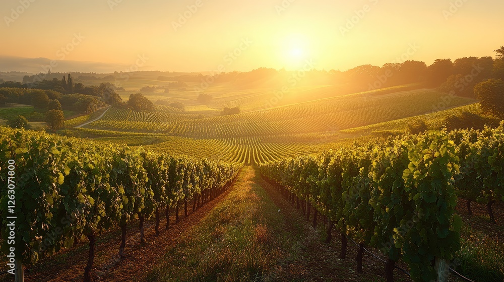 Fototapeta premium Golden Sunrise Over Rolling Vineyard Hills