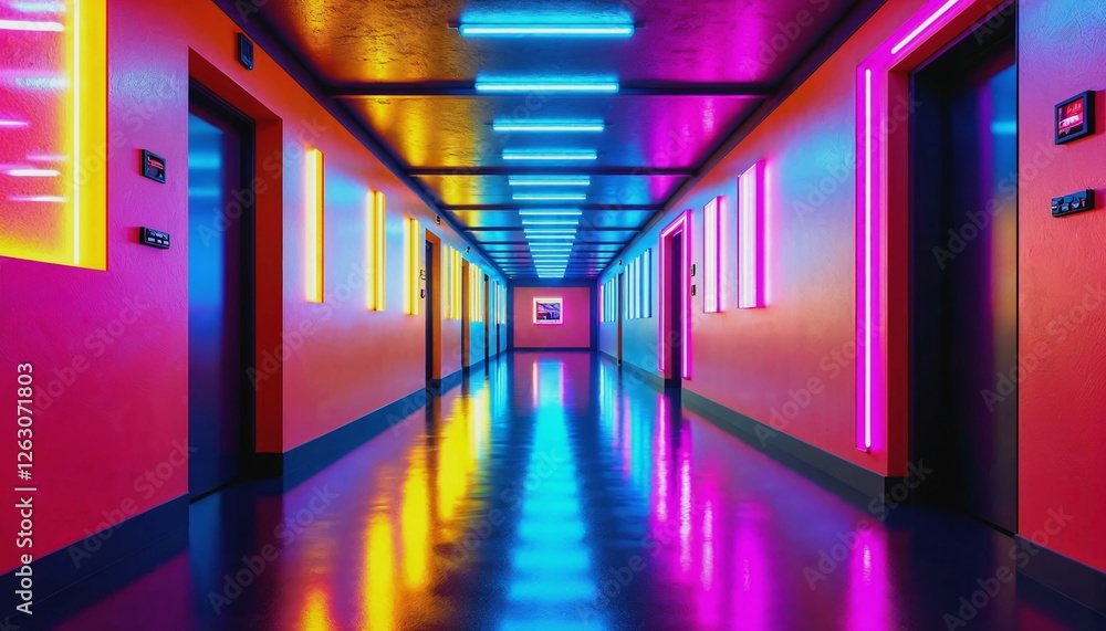 Fototapeta premium Vibrant hallway bathed in neon lights symbolizing energy and innovation
