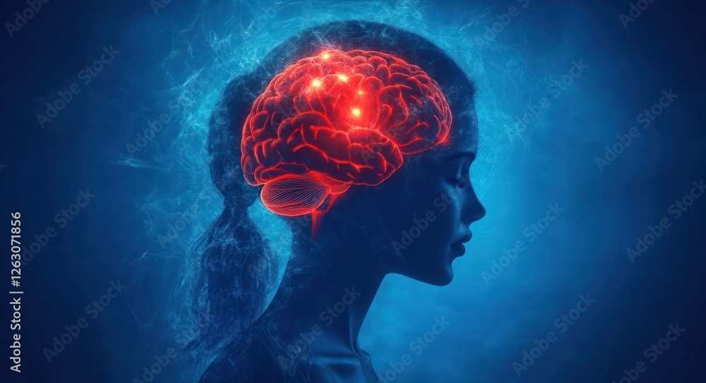 Fototapeta premium Human Silhouette with Glowing Brain and Emotional Light Effects in Surreal Digital Art