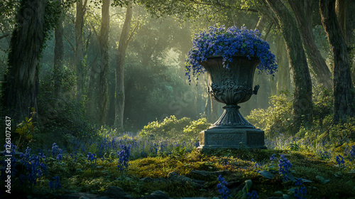 A beautifully crafted urn adorned with blue violets, set in a serene forest photo