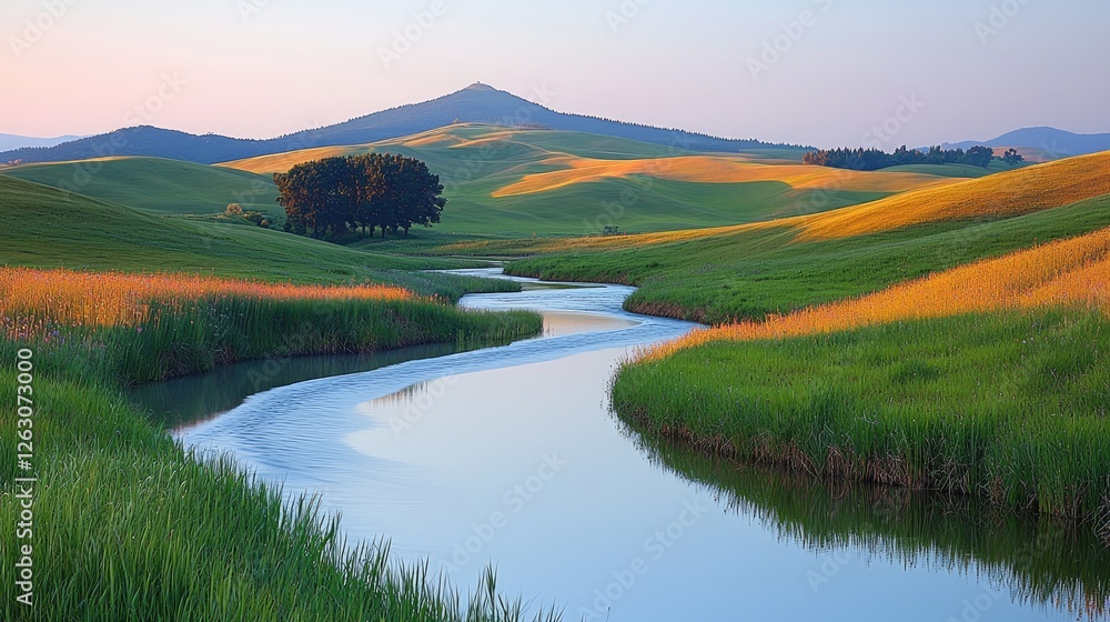 Obraz premium Serene River Flows Through Rolling Green Hills Landscape