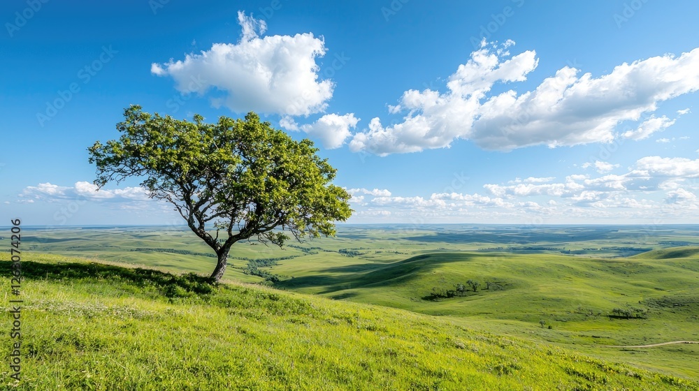Lone tree on grassy hilltop, scenic valley view, summer day, nature background, travel Lone tree on grassy hilltop, scenic valley view, summer day, nature background, travel