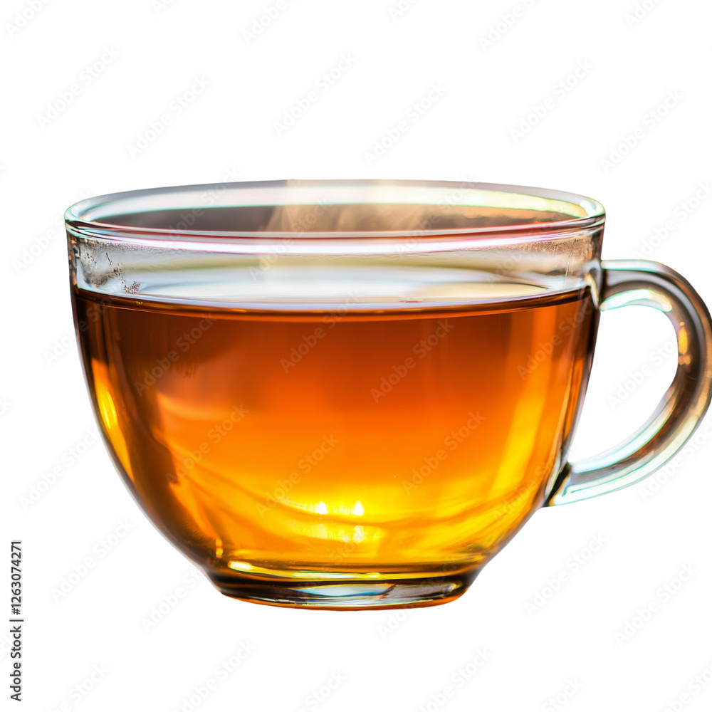 steaming cup of tea in clear glass, showcasing its rich amber color and inviting warmth. Perfect for relaxation and enjoyment steaming cup of tea in clear glass, showcasing its rich amber color and inviting warmth. Perfect for relaxation and enjoyment