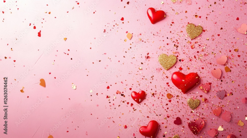 A sparkling background with golden and red heart-shaped confetti scattered across a soft pink surface, perfect for Valentine's Day celebrations. A sparkling background with golden and red heart-shaped confetti scattered across a soft pink surface, perfect for Valentine's Day celebrations.