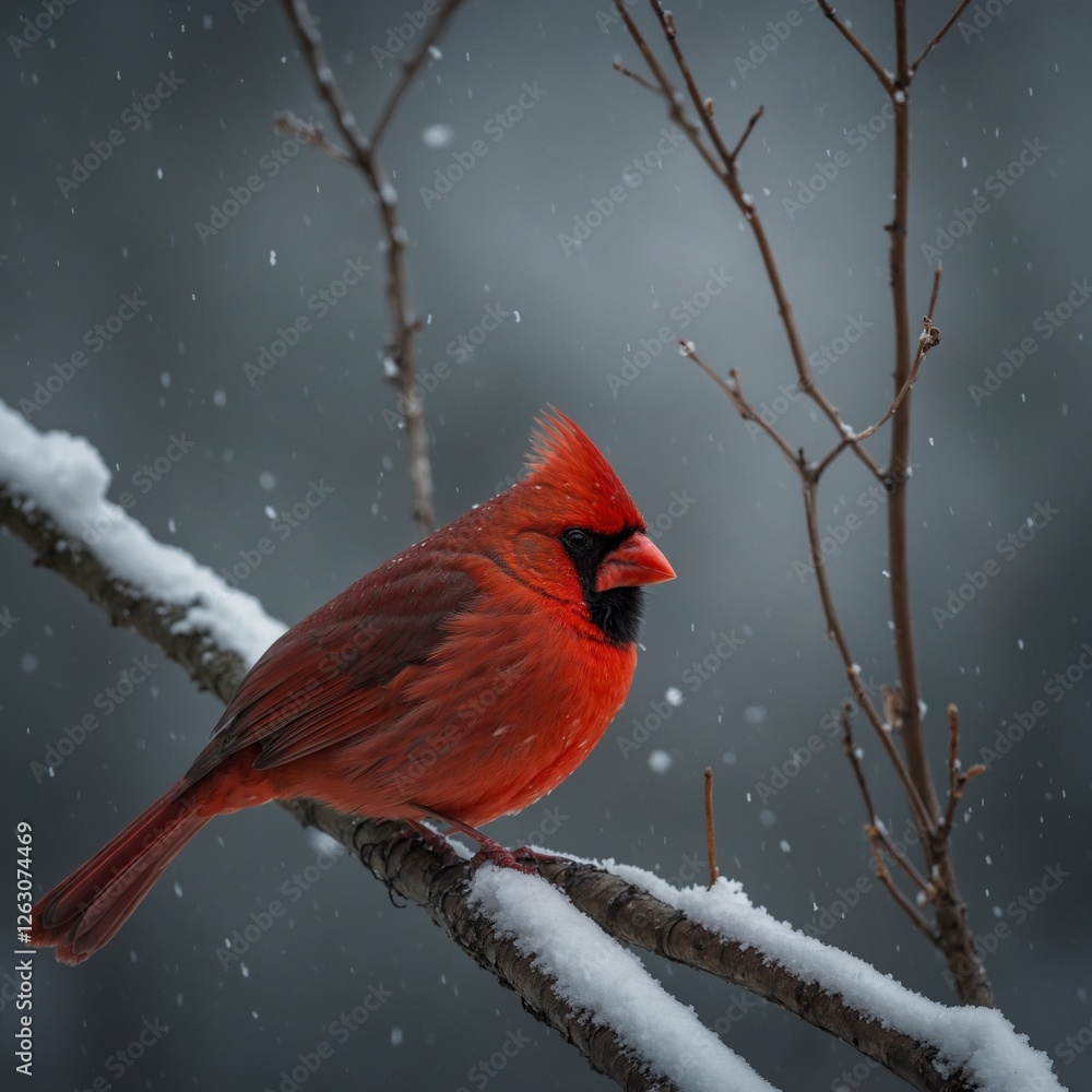 A vibrant red cardinal perched on a snow-covered tree branch in a winter forest. Red cardinal perched on a frozen redberry tree branch in winter A vibrant red cardinal perched on a snow-covered tree branch in a winter forest. Red cardinal perched on a frozen redberry tree branch in winter