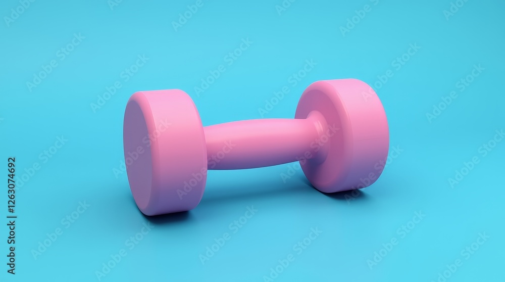 Obraz premium Pink dumbbell on blue background, fitness equipment for strength training, home workouts, gym routines, and active lifestyle visuals