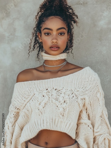 Contemporary Fashion Portrait: A young woman in a stylish off-shoulder knitted sweater against a textured backdrop, ideal for fashion blogs.