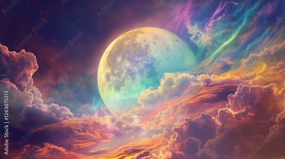 Iridescent clouds gently encircling a full moon, their rainbow-like hues creating a celestial spectacle, Iridescent clouds gently encircling a full moon, their rainbow-like hues creating a celestial spectacle,