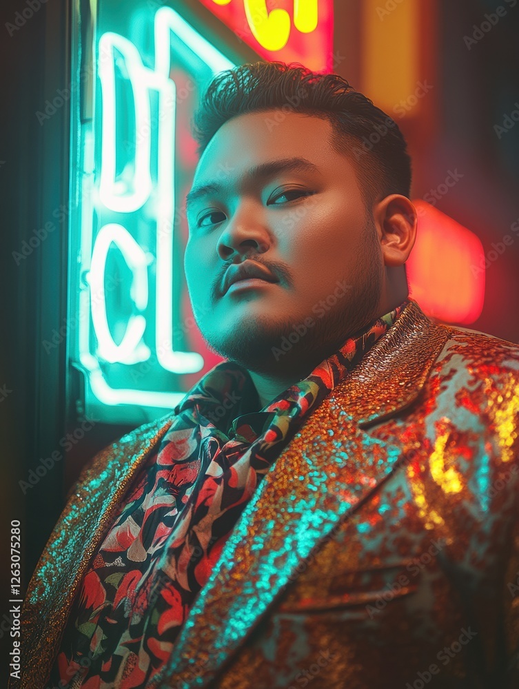 Obraz premium Vibrant Portrait of a Stylish Individual in Neon Light - Perfect for Fashion and Lifestyle Themes