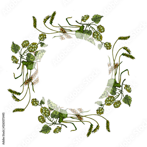 Circle frame with hops and wheat. Hand drawn round line border, leaves and flowers, wedding invitation and cards, logo design and posters template. Elegant minimal style floral.