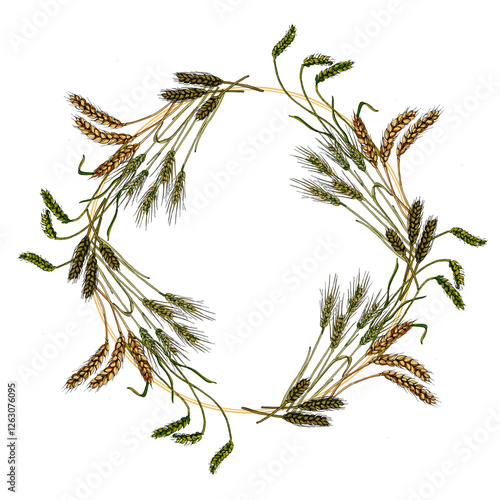 Circle frame with hops and wheat. Hand drawn round line border, leaves and flowers, wedding invitation and cards, logo design and posters template. Elegant minimal style floral.