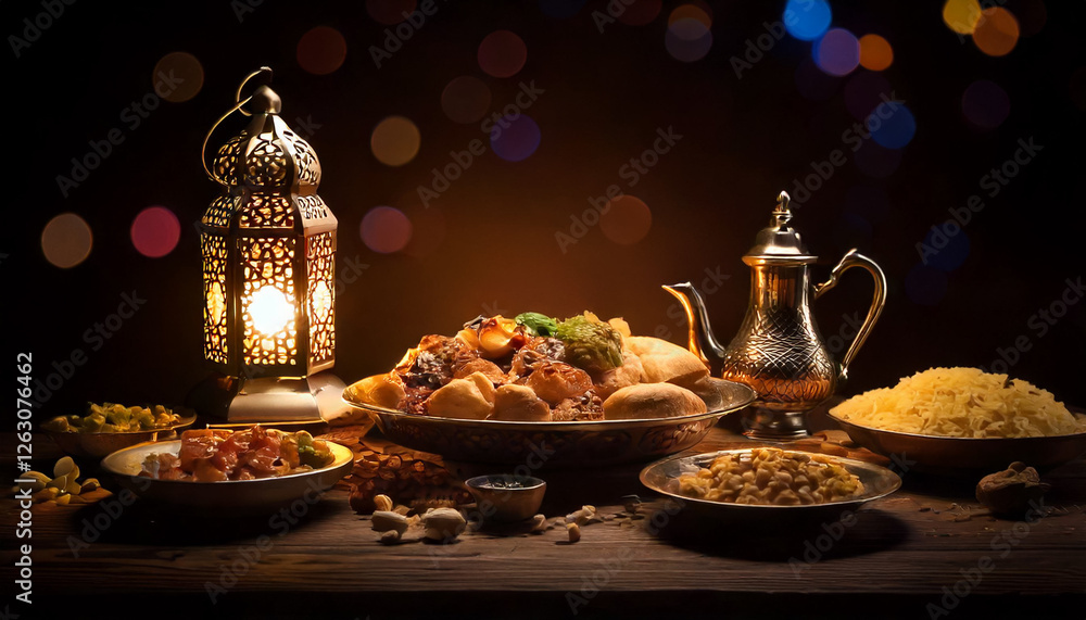 custom made wallpaper toronto digitalA beautifully arranged Iftar meal featuring traditional Middle Eastern dishes, an ornate lantern, and a decorative teapot, set on a rustic wooden table with warm festive lighting.
